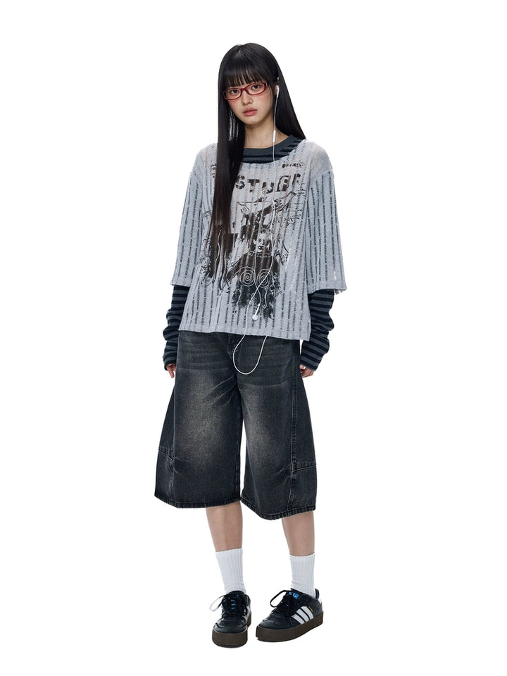 Printed Layered Long Sleeve Casual Turtleneck