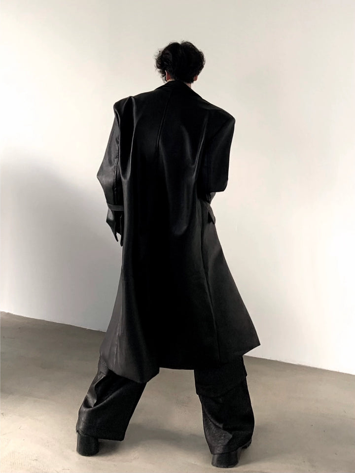 Long PU Leather Shoulder Pad Overcoat