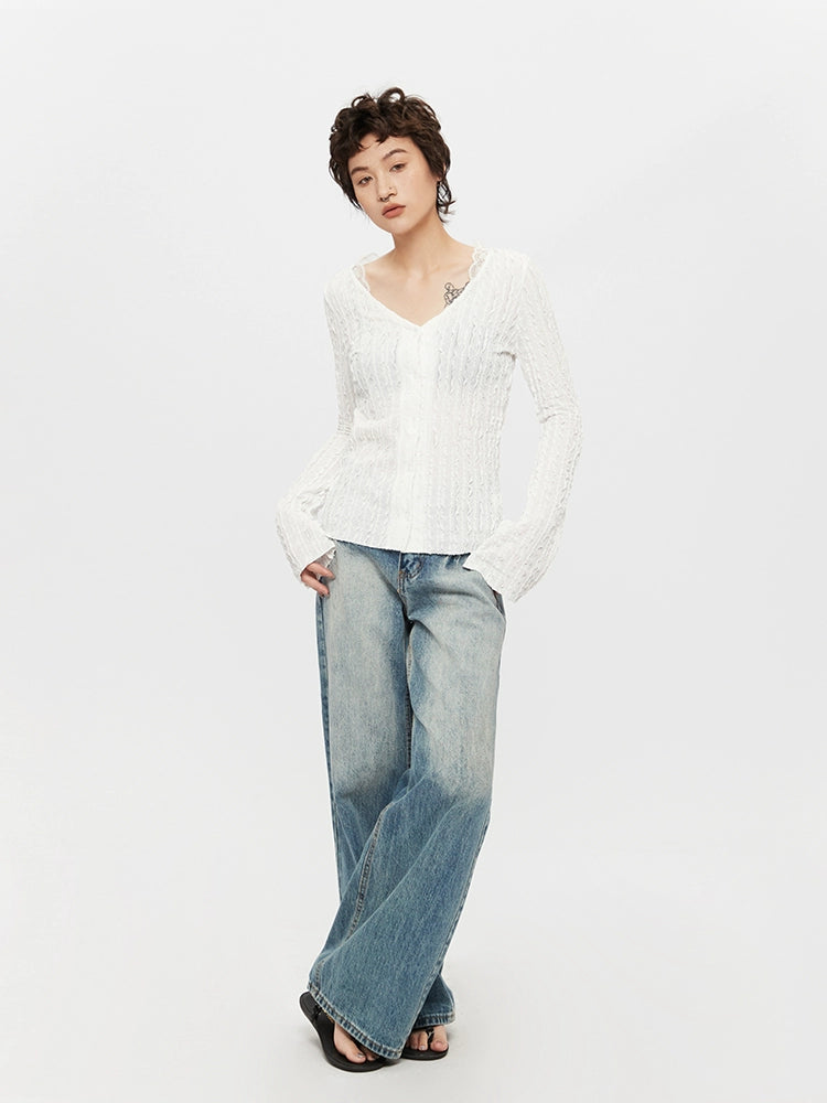 Textured V-neck Lace Long Sleeve Top