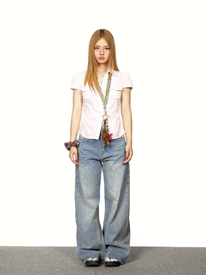 Pleated Waist Short Sleeve Two-Pocket Shirt