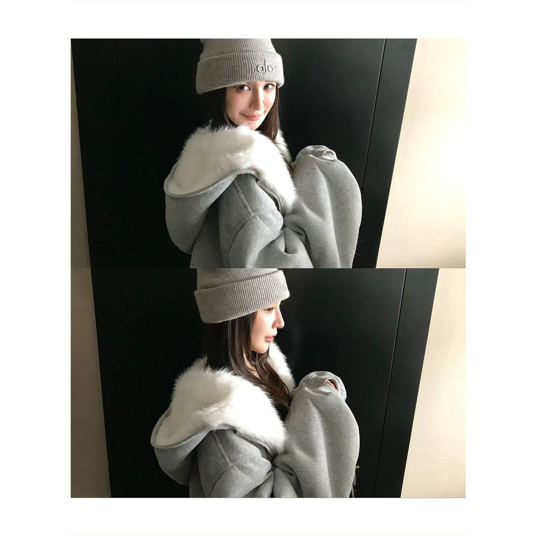 Plush Faux Fur Hooded Sweatshirt Jacket