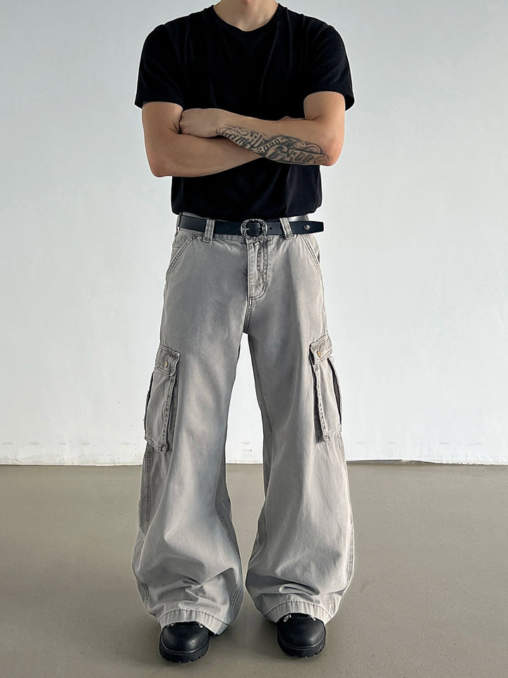 Distressed Wide-Leg Multi-Pocket Cargo Pants