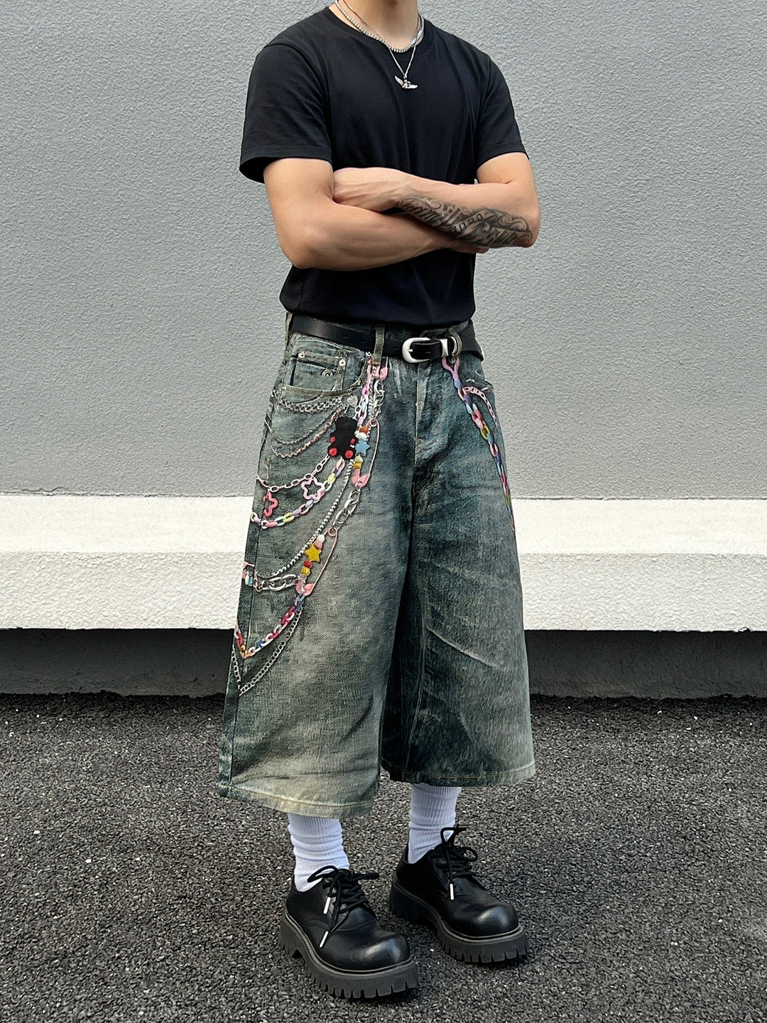Digital Print Distressed Wide-Leg Pants