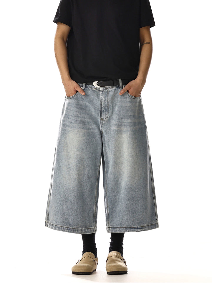 Wide-Leg Cropped Denim Pants with Embroidery