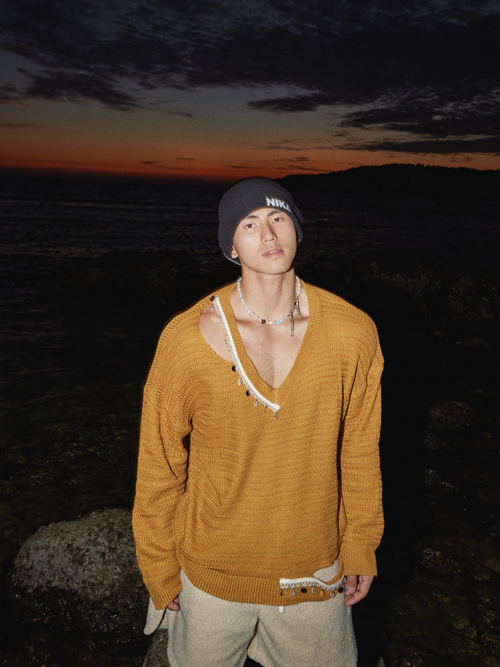 Shell Detail V-Neck Knit Sweater