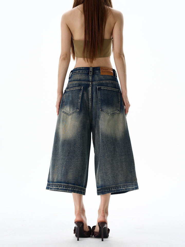 Wide-Leg Cropped Denim Shorts