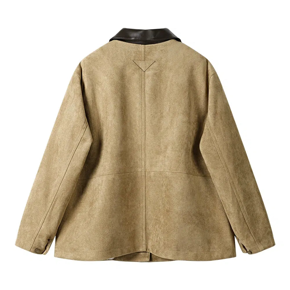 Faux Leather Collar Suede Coat