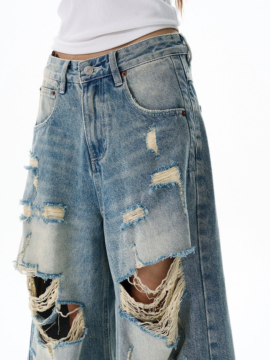 Ripped Denim Seven-Point Wide-Leg Pants