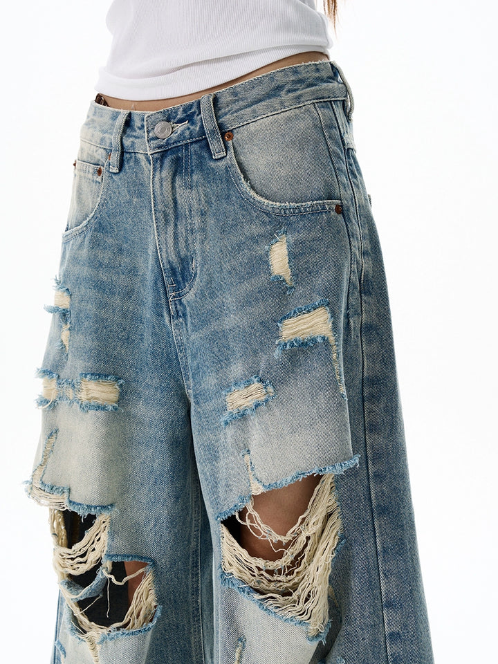 Ripped Denim Seven-Point Wide-Leg Pants