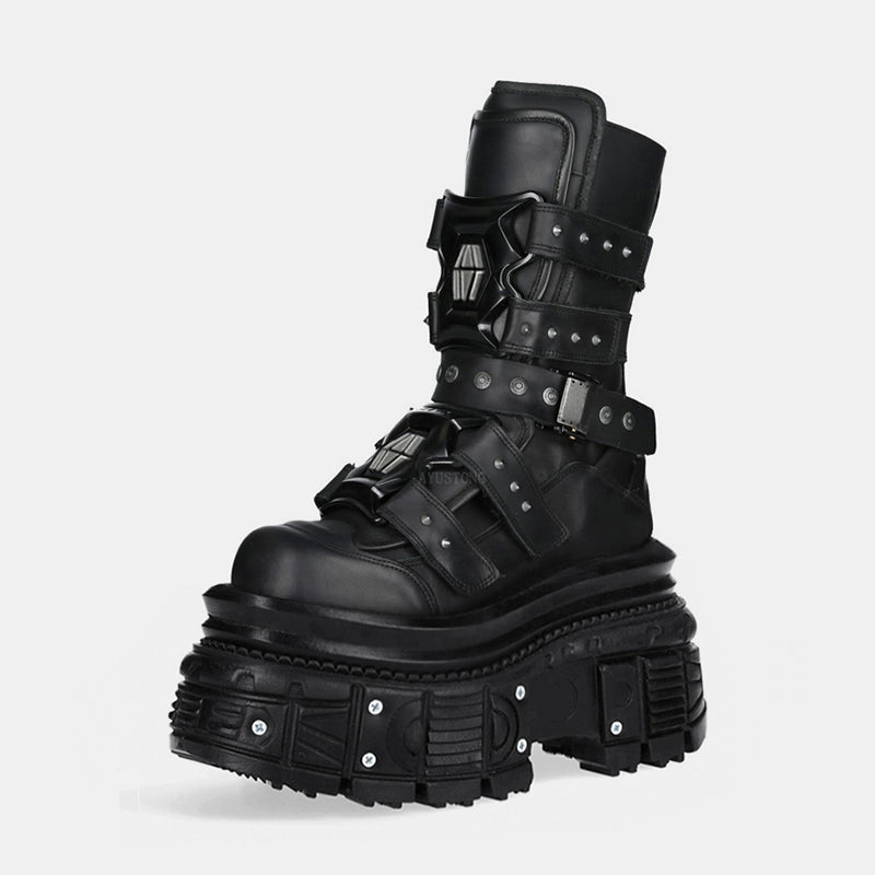 Thick-Soled Leather Platform Motorcycle Boots