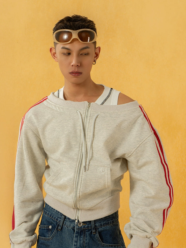 One-Shoulder Zip Up Striped Hoodie