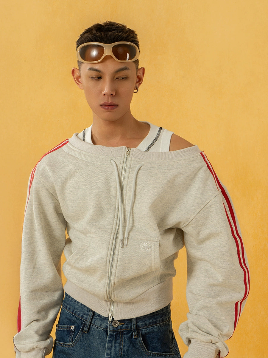 One-Shoulder Zip Up Striped Hoodie