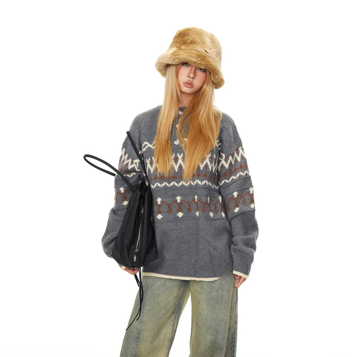 Henley Collar Striped Knit Sweater