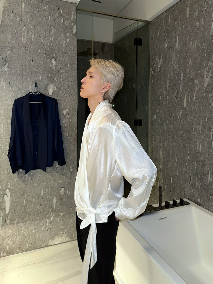 Satin Chiffon V-Neck Wrap Shirt