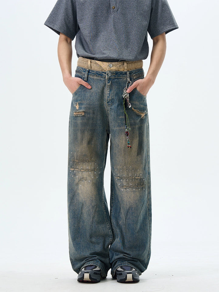 Jeans pantaloni larghi dritti in stile retro e strappati