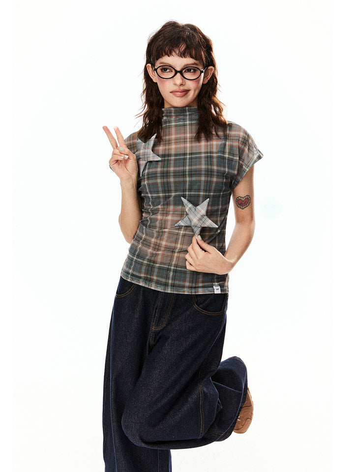 Mesh Star Patch Turtleneck Top