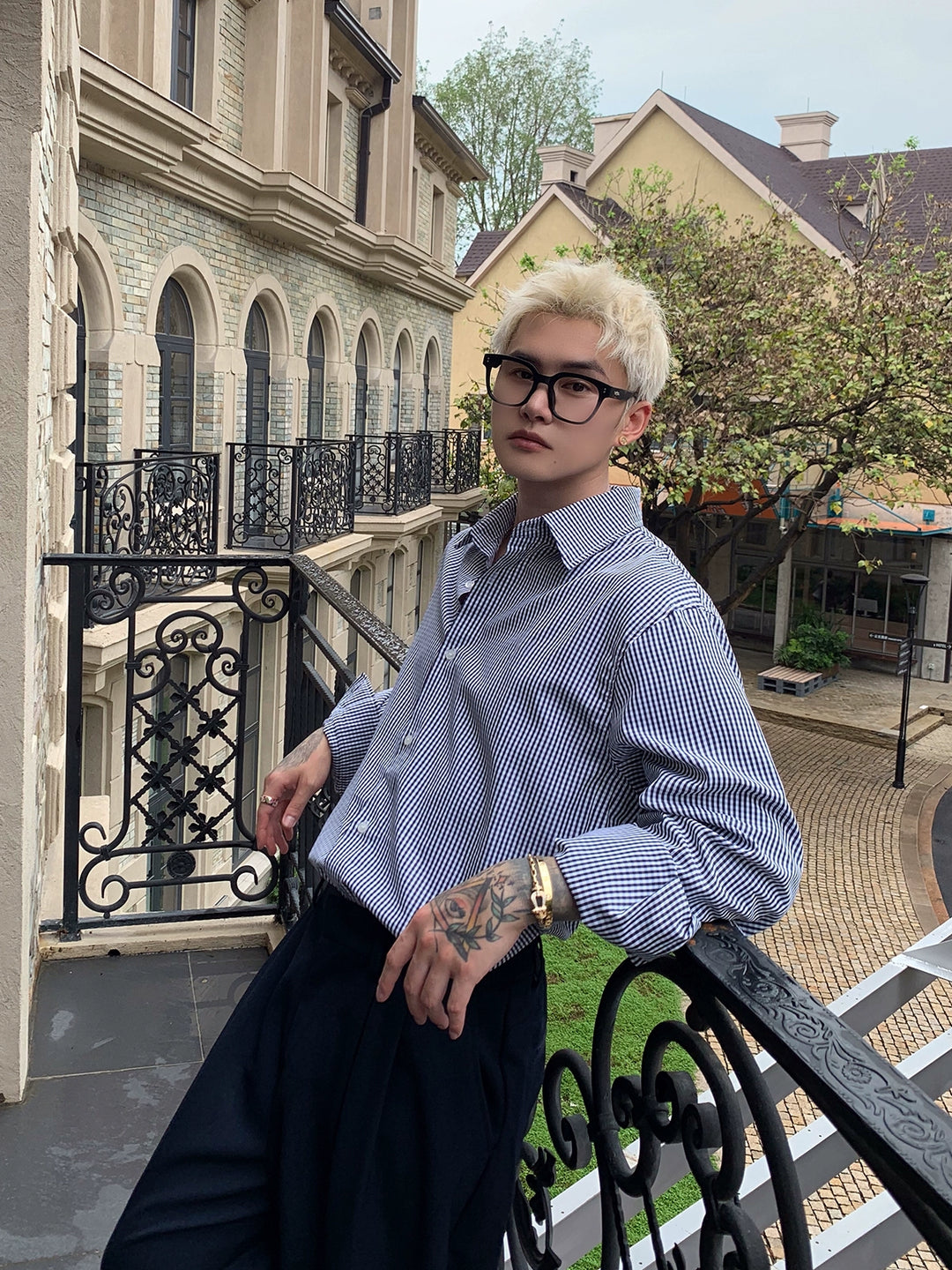 Gestreepte Borduursel Losse Pasvorm Lange Mouwen Shirt