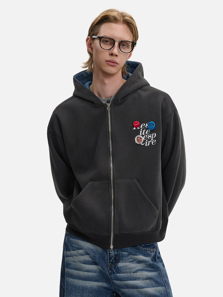 Retro dobbelt lynlås hætte sweatshirt cardigan