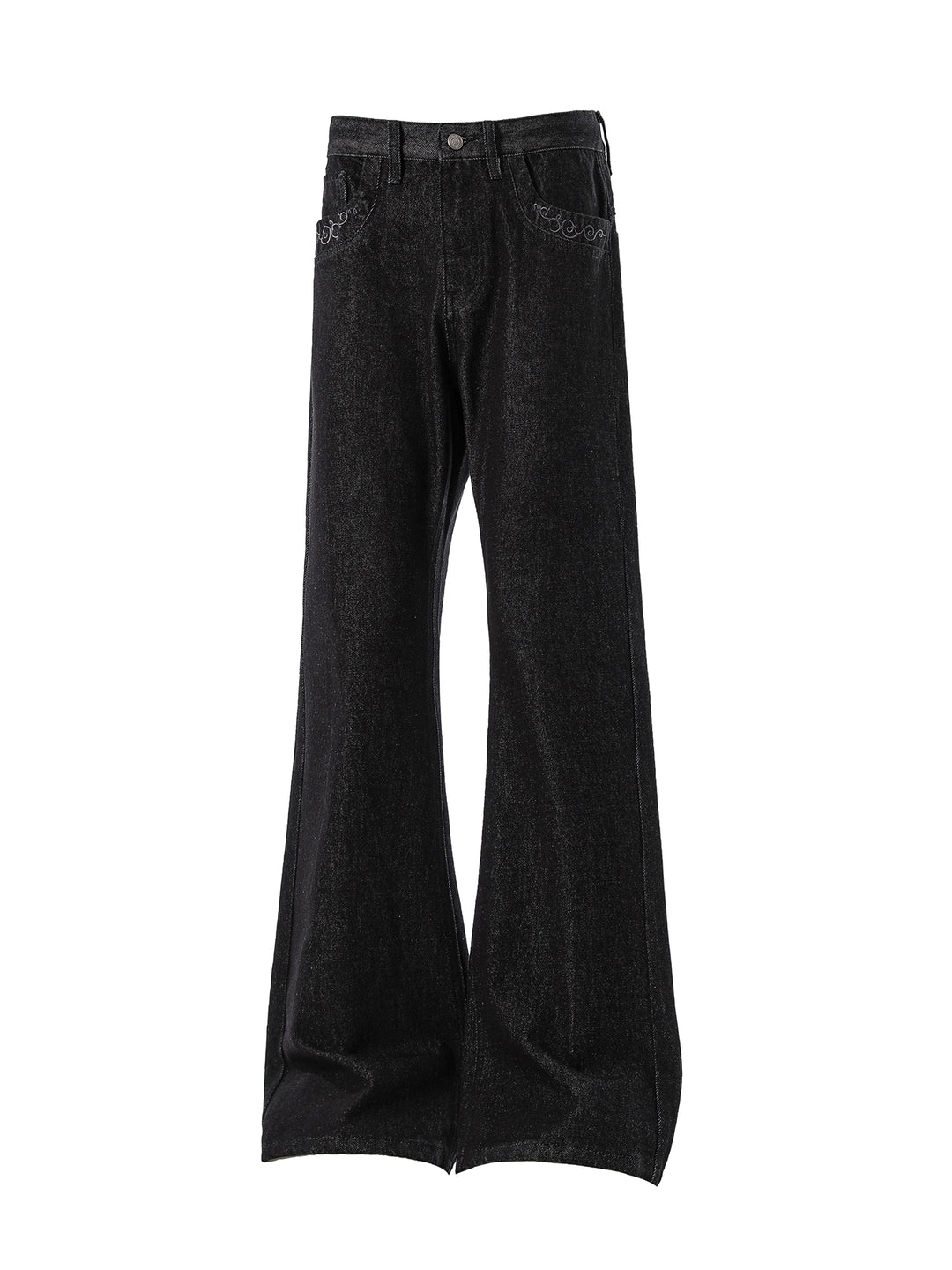 Teksturerede broderede rå denim flared bukser