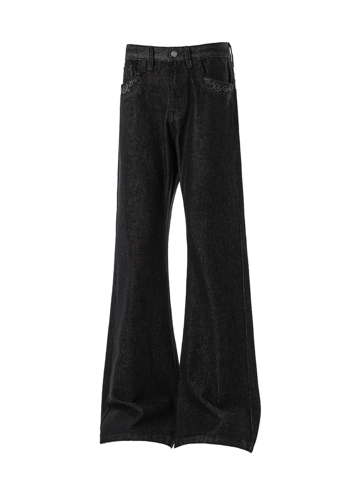Teksturerede broderede rå denim flared bukser