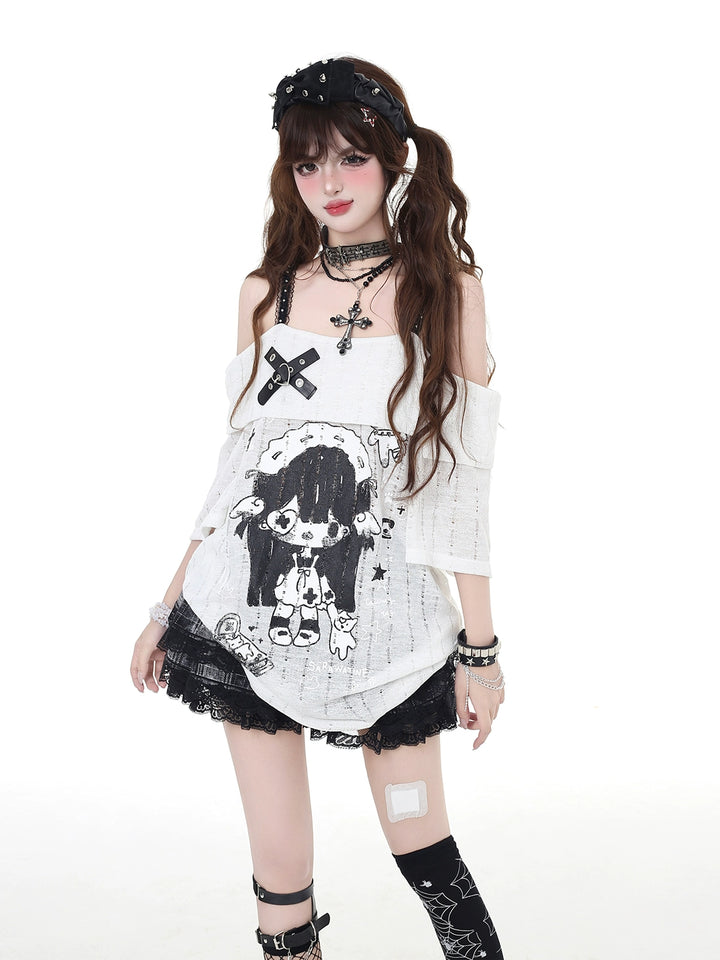 Cartoon Graphic Off-Shoulder Loose T-Shirt