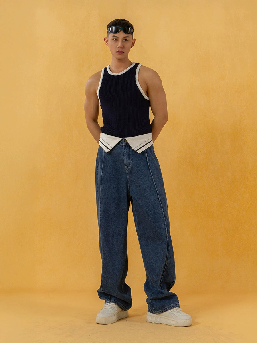 Fold Waist Wide Leg Straight Pants