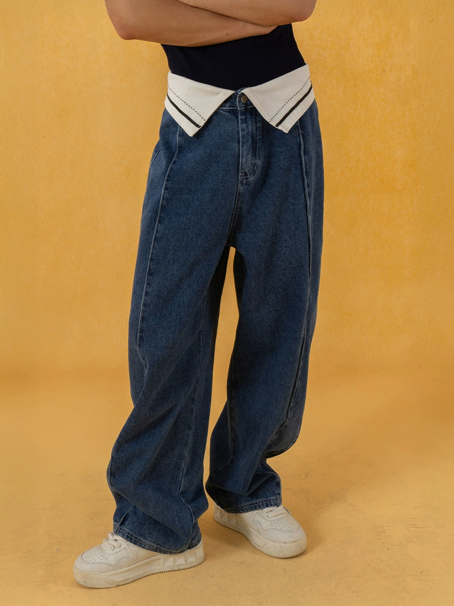 Fold Waist Wide Leg Straight Pants