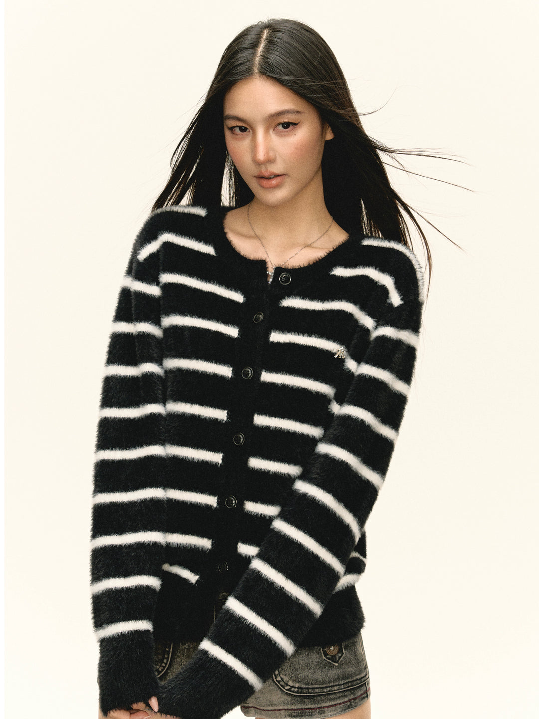 Fuzzy Striped Button-Up Knit Sweater