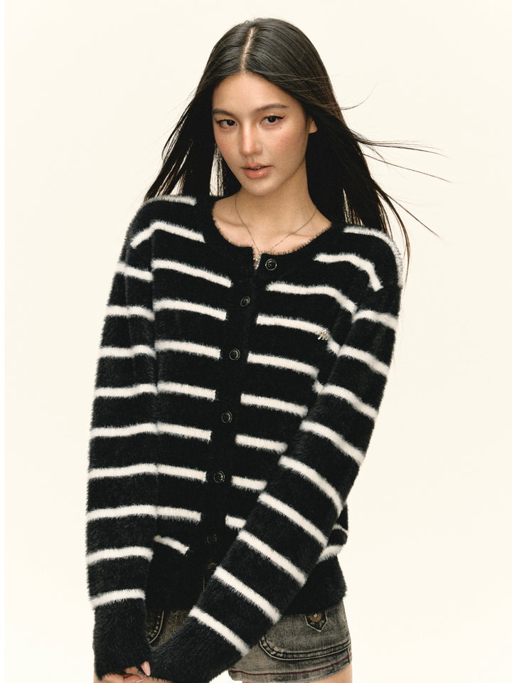 Fuzzy Striped Button-Up Knit Sweater