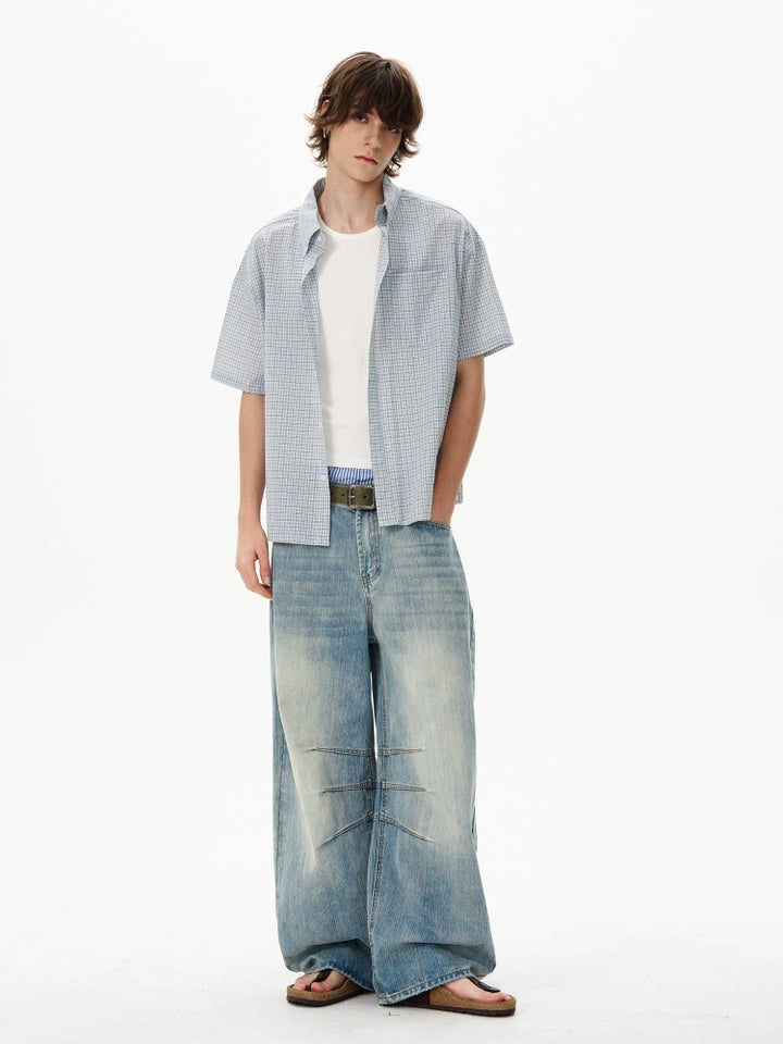 Plaid Short Sleeve College Style Shirt