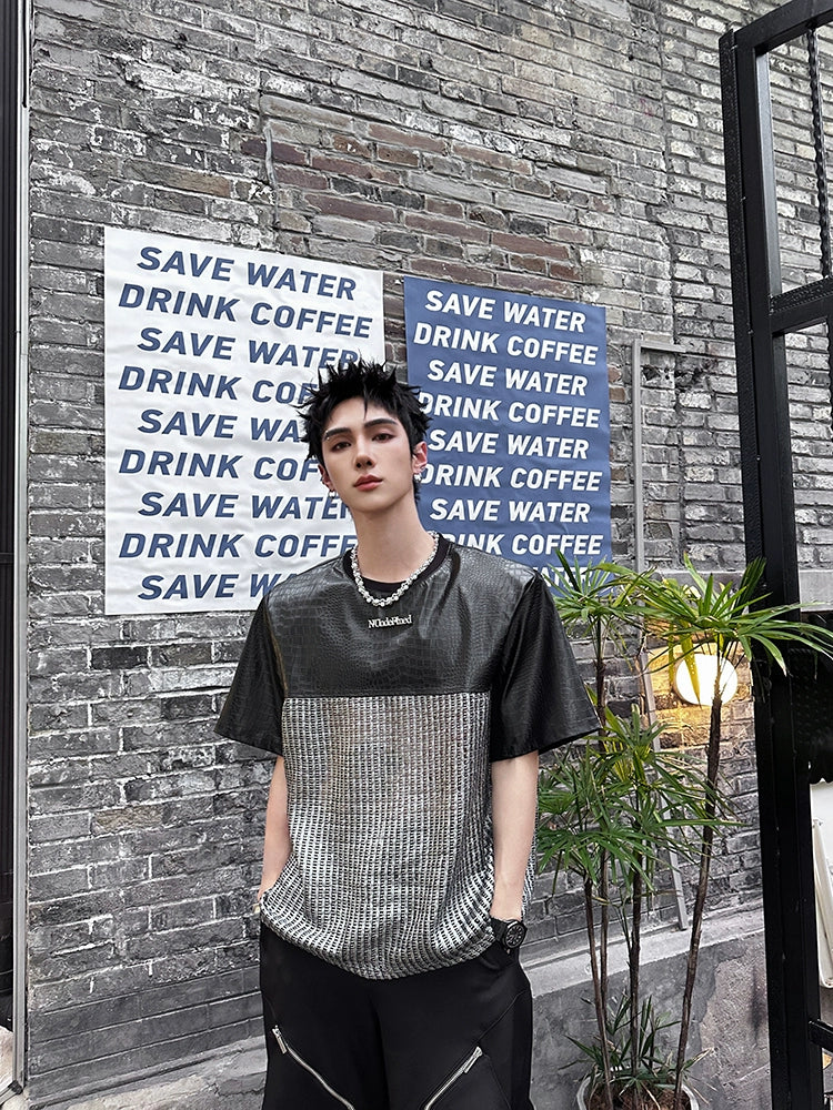 Short Sleeve Leather Panel Cotton Pullover