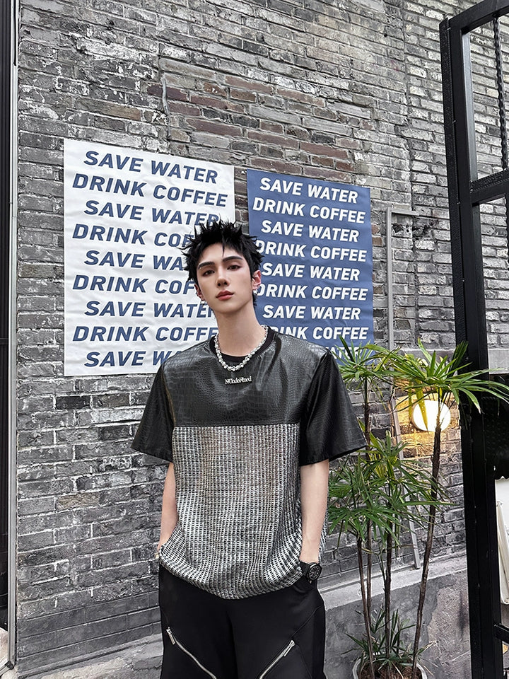 Short Sleeve Leather Panel Cotton Pullover