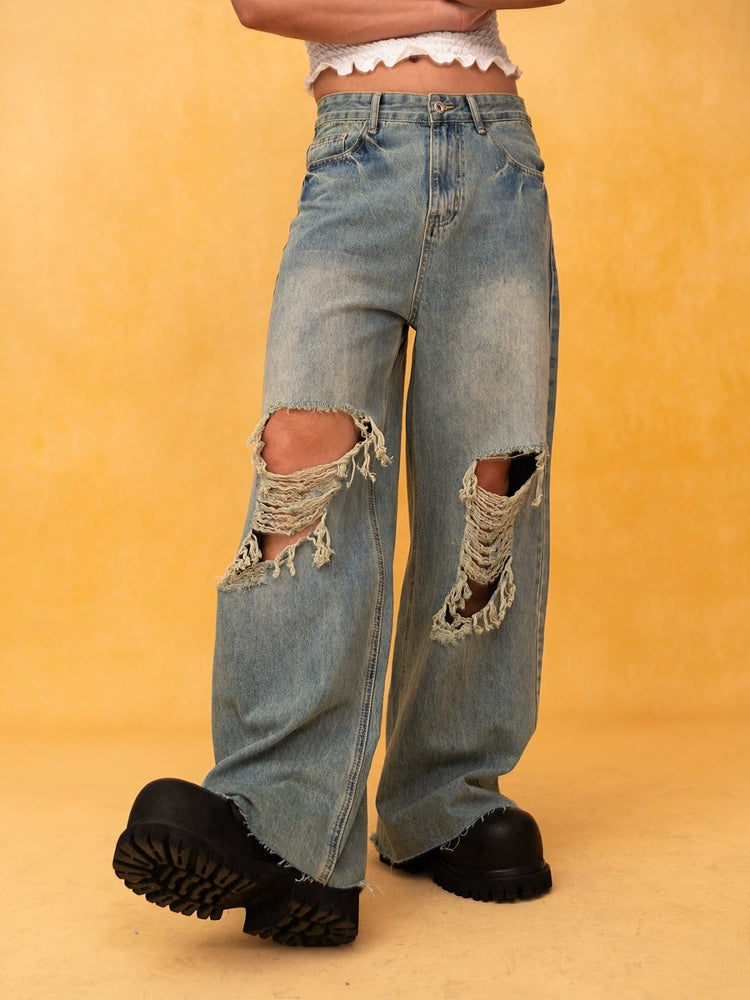 Ripped Wide-Leg Loose Fit Jeans