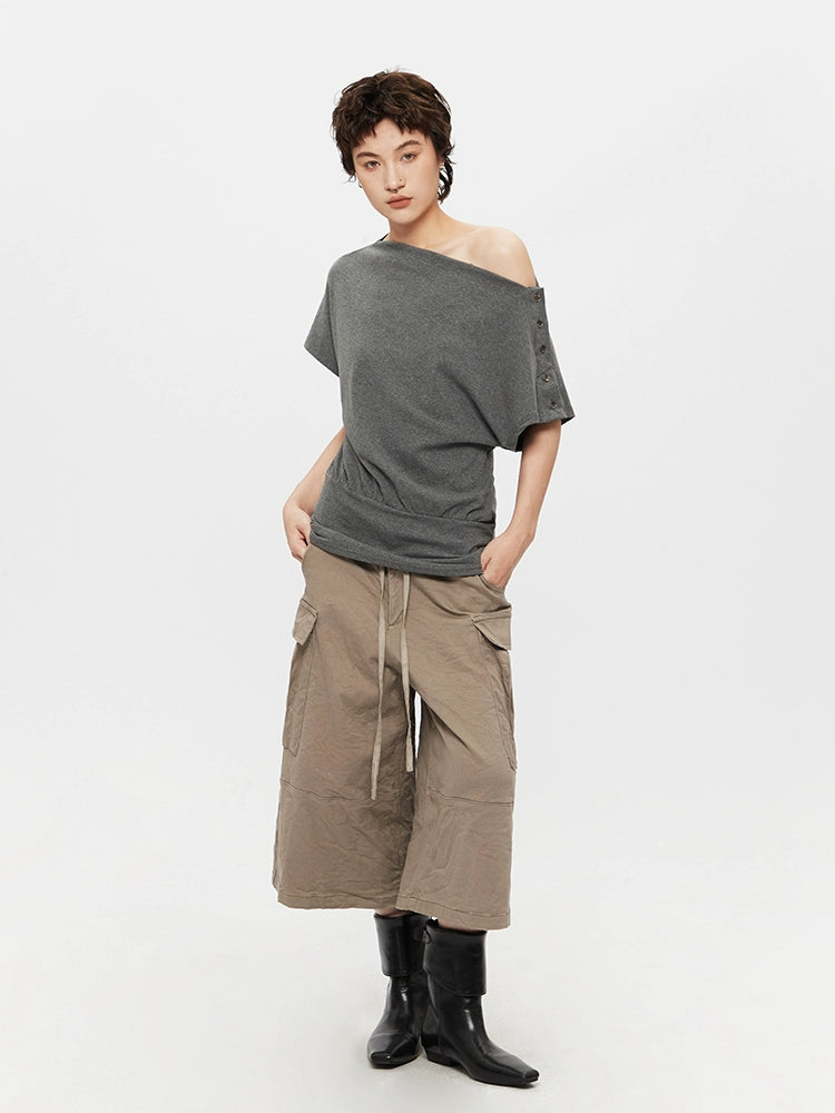 Oblique Collar Off-Shoulder Short Sleeve Top