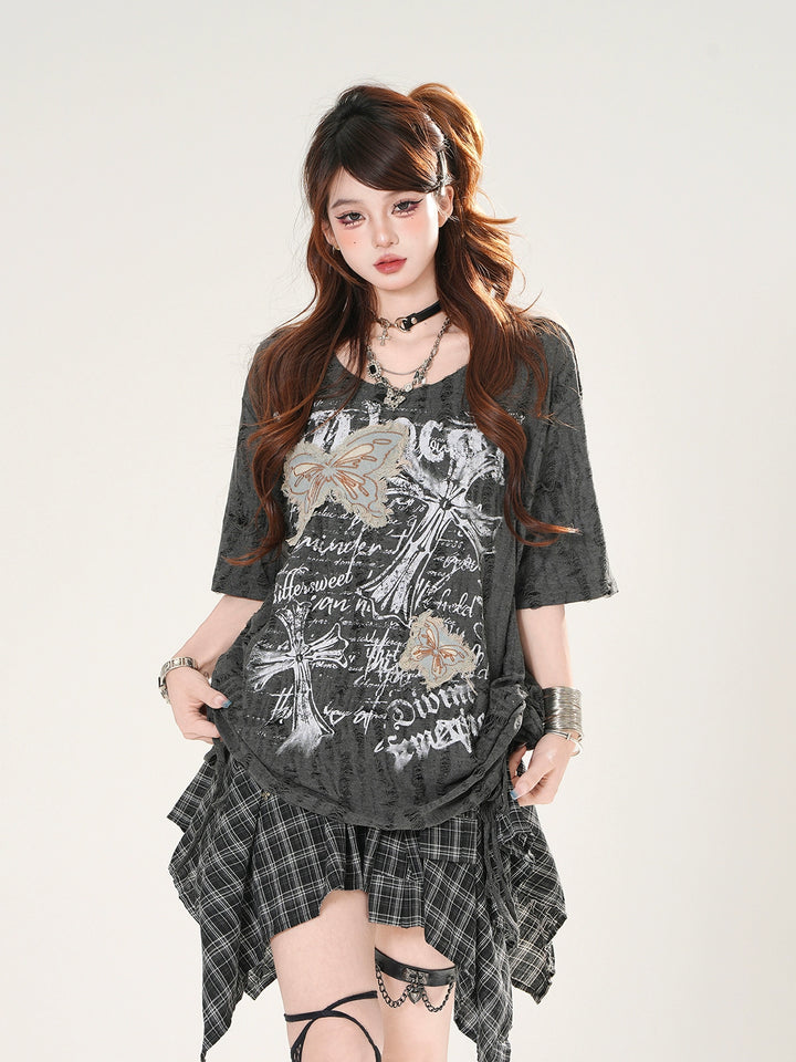 Butterfly Graphic Ripped Short Sleeve T-Shirt