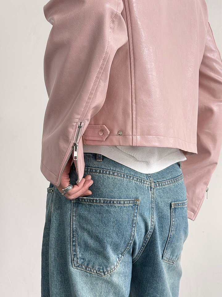 Glossy Textured Leather Slim Fit Jacket