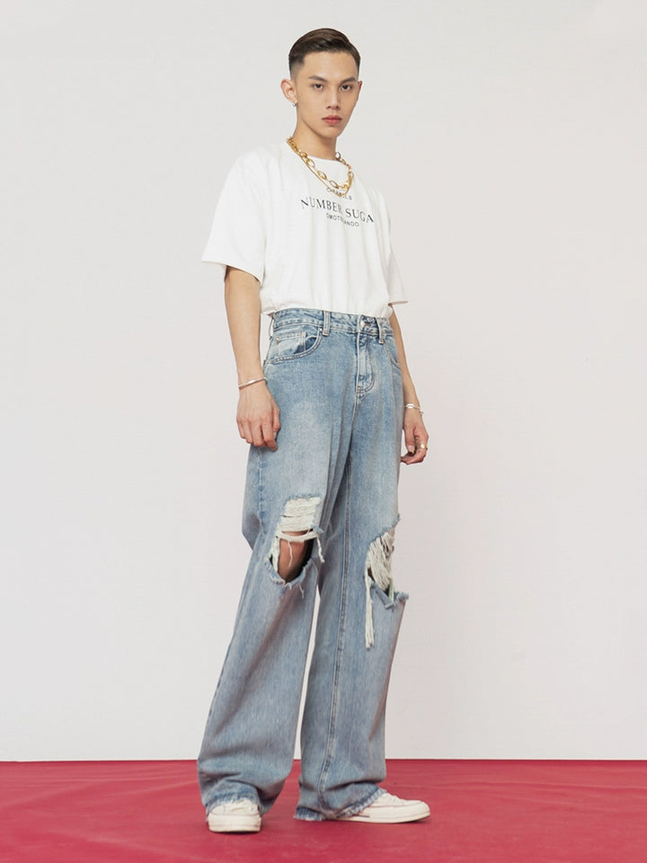 Ripped Loose Straight-Leg Washed Jeans