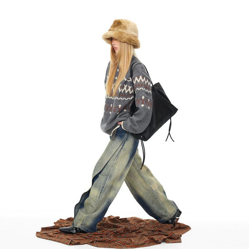 Henley Collar Striped Knit Sweater