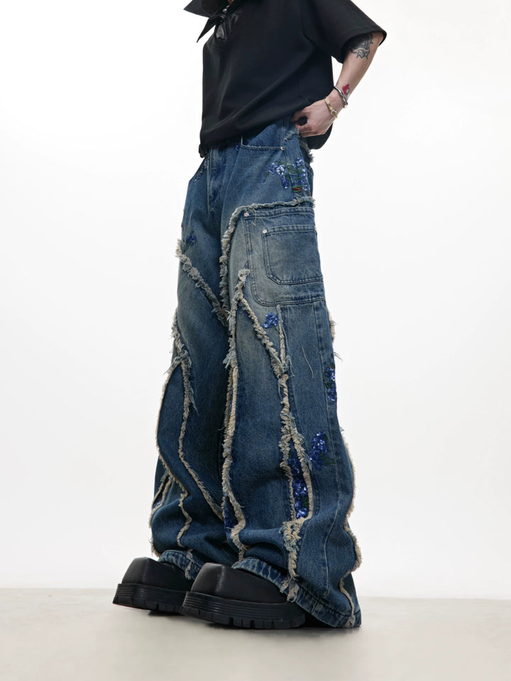 Sequin Embroidered Raw Edge Wide-Leg Pants
