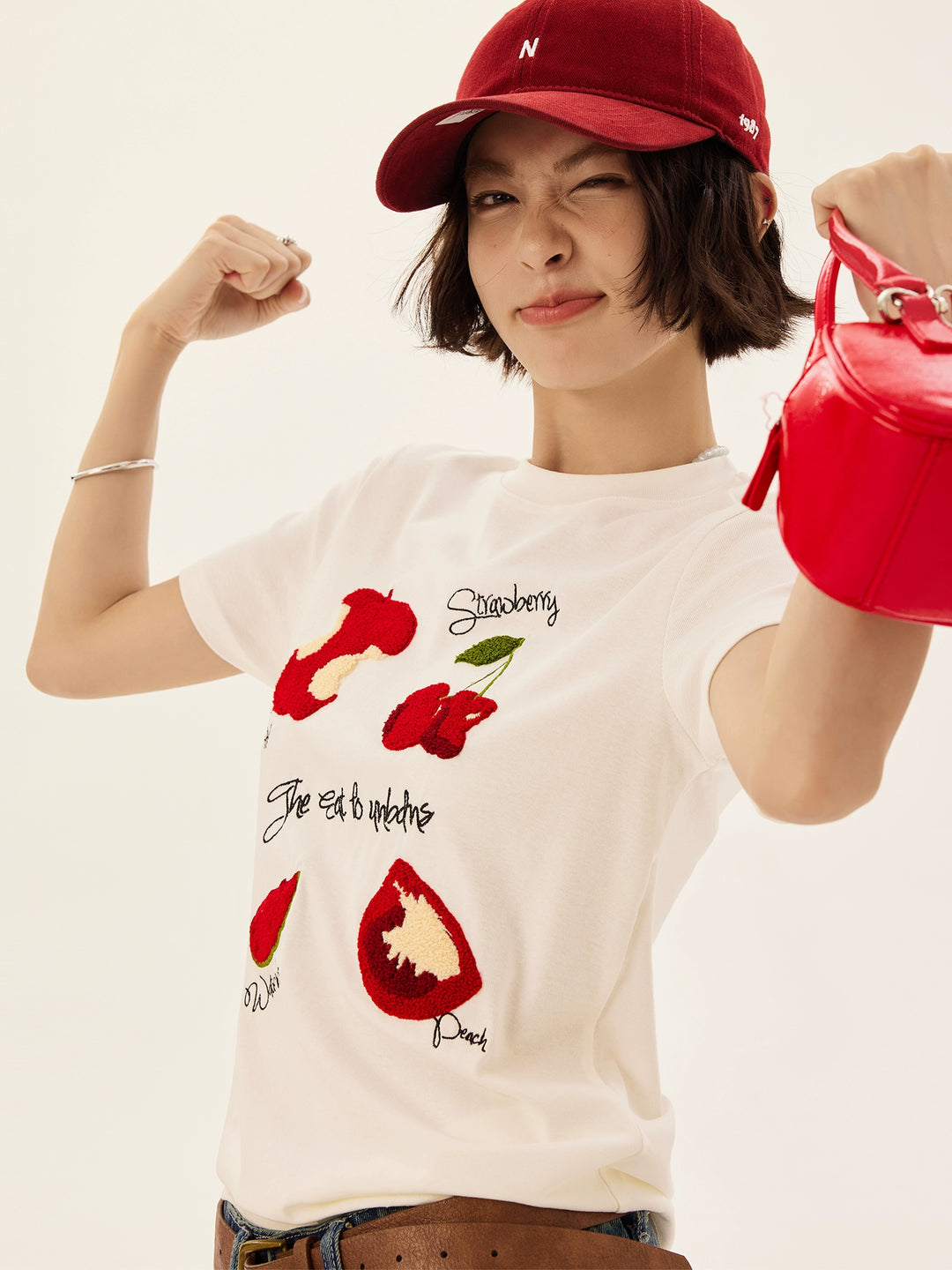 Fruit Embroidery Short Sleeve Casual T-Shirt