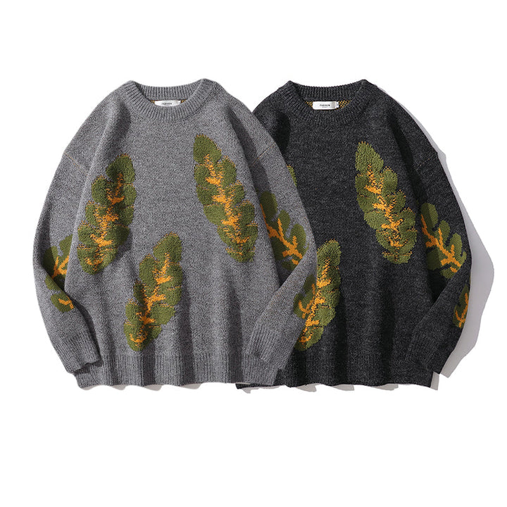 Leaf Jacquard Knit Crewneck Sweater