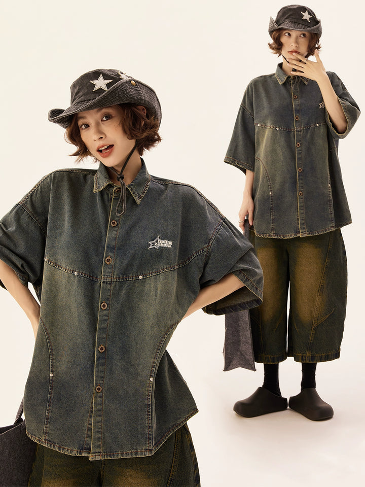 Retro Washed Denim Short Sleeve Shirt