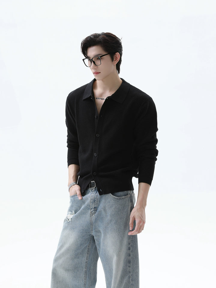 Lapel Knit Cardigan Textured Sweater