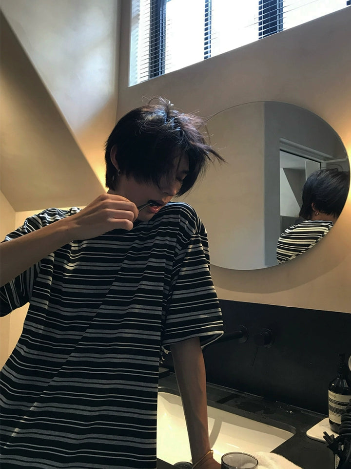 Striped Round Neck Loose Fit T-shirt
