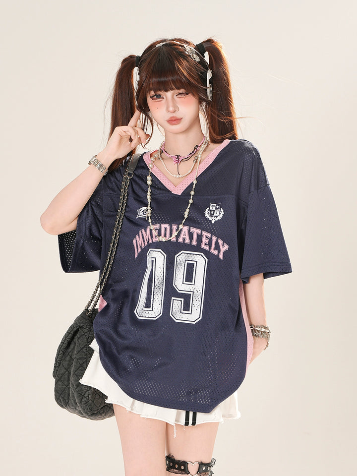 V-Neck Mesh Jersey Short Sleeve Top