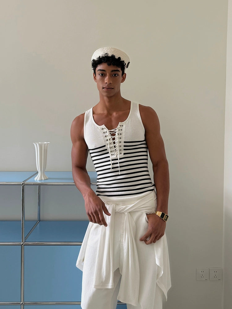 Striped Lace-Up V-Neck Knit Vest