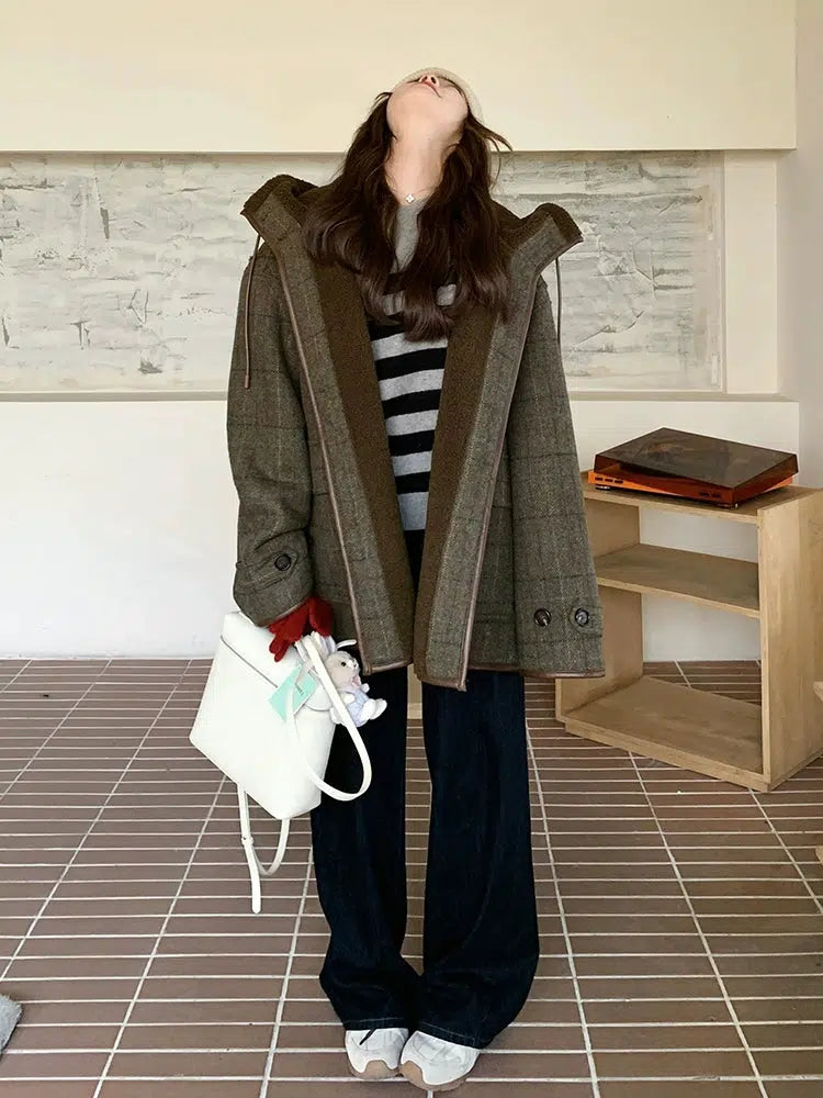 Hooded Horn Button Wool Coat