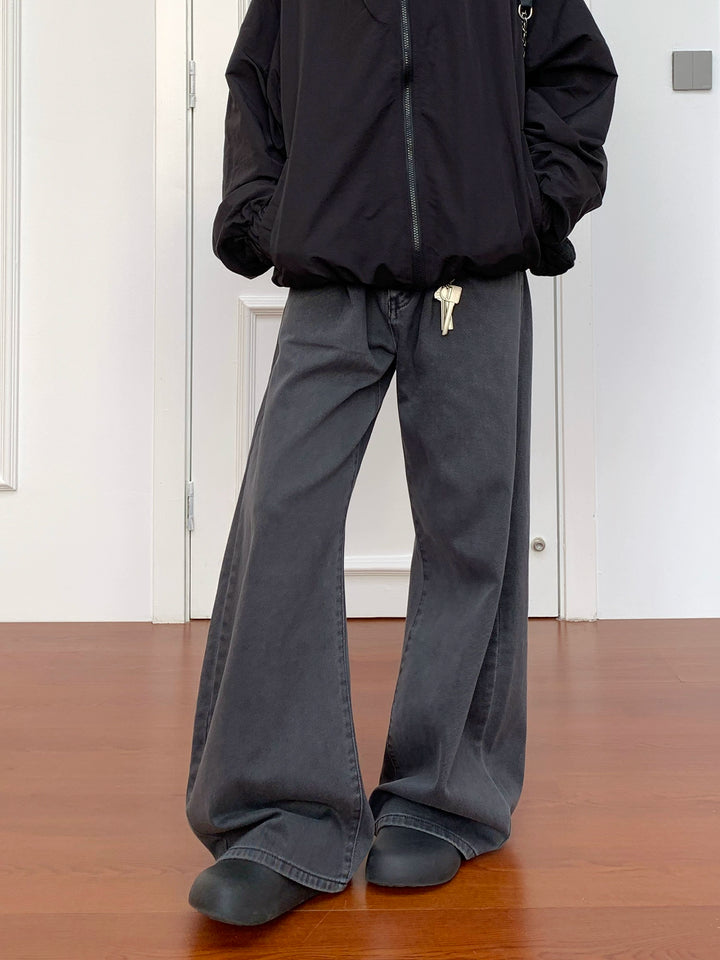 Distressed Pleated Wide-Leg Loose Jeans