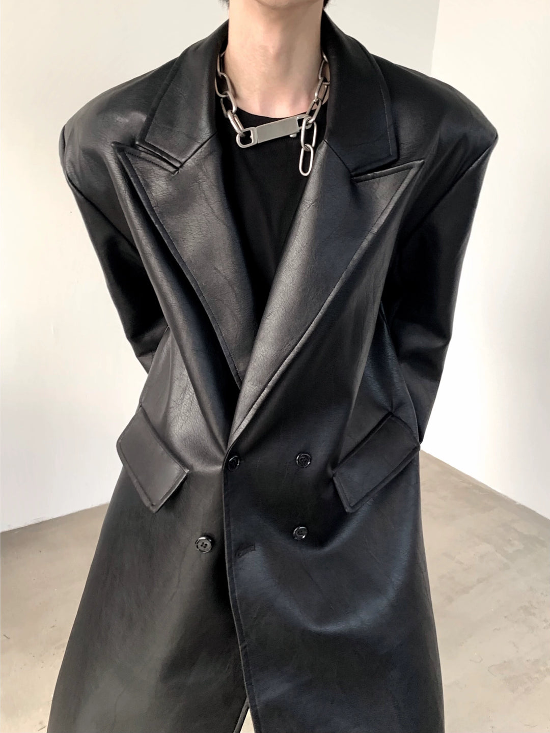 Long PU Leather Shoulder Pad Overcoat