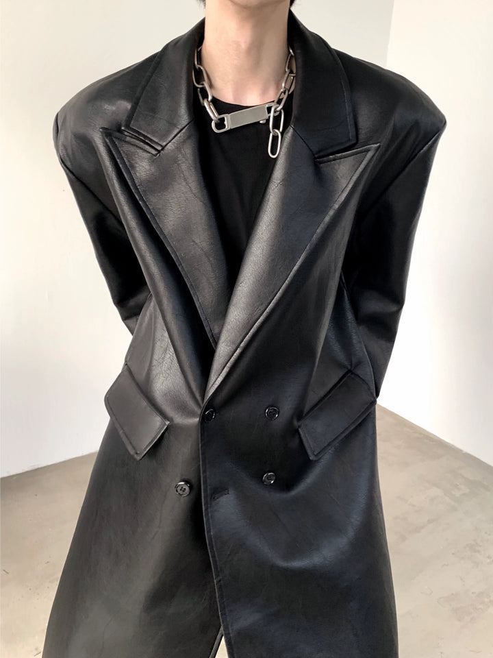 Long PU Leather Shoulder Pad Overcoat